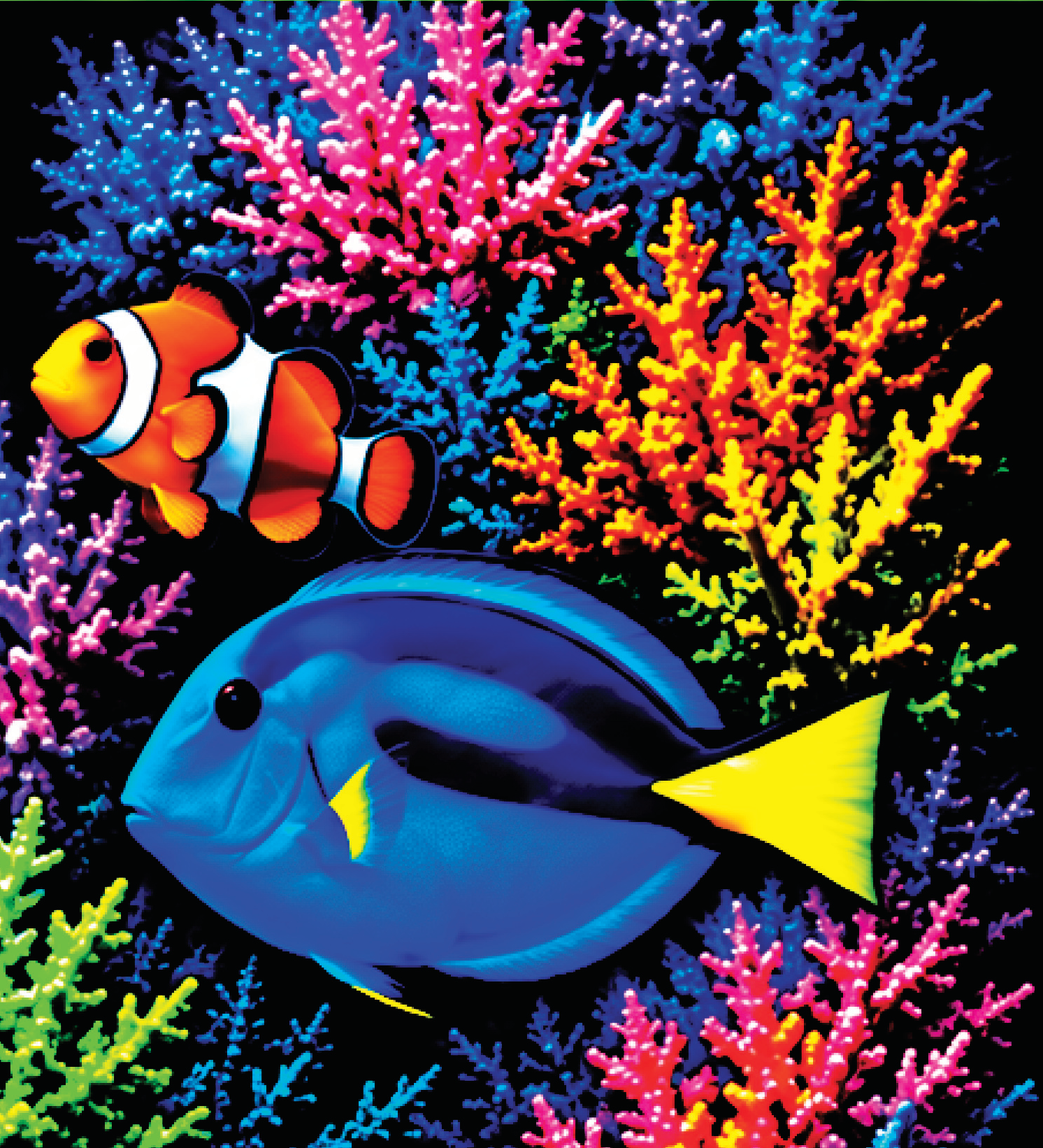 Original Smoothies Mean Green label artwork featuring a blue tang, clownfish, and colorful coral